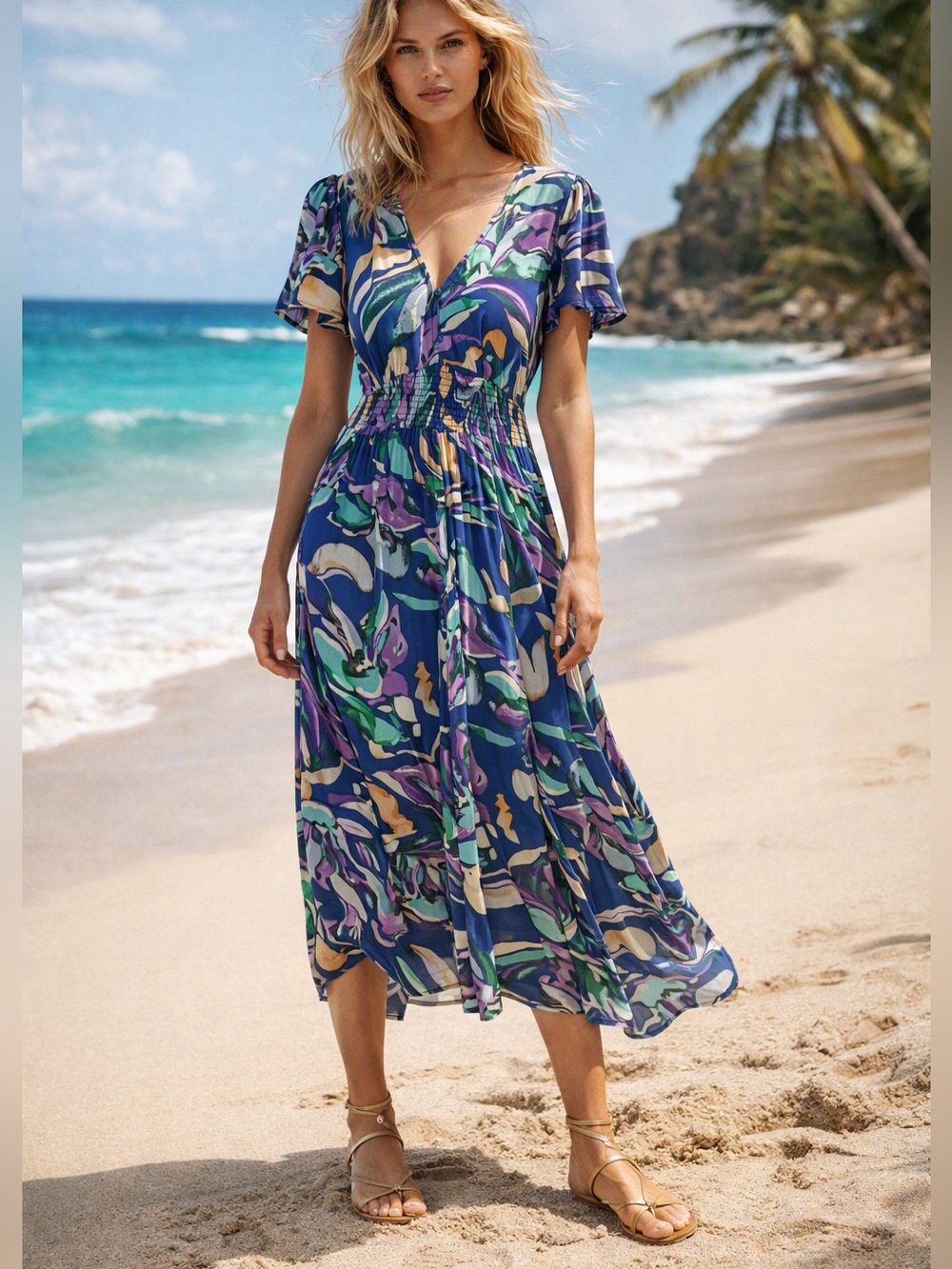 Abel the Label Flowy V-Neck Tie-Back Midi Summer Dress in Blue Floral Salvia